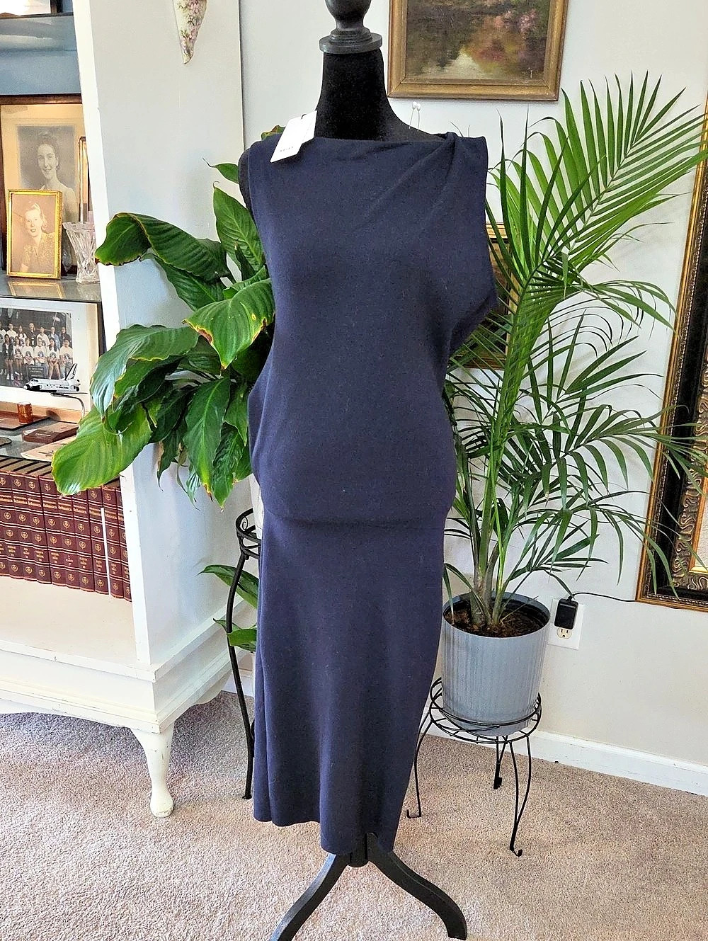Reiss Draped Shoulder Dress Dropped Waist Maxi Dress in Blue Size Small